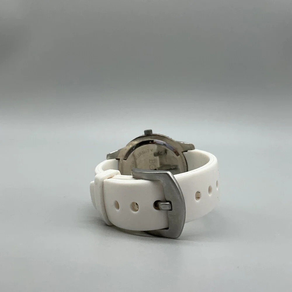BORA Womens Watch 39mm Silver Tone White Silicone Crystals New Battery
